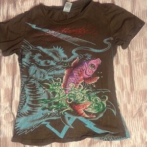 Ed Hardy Brown and Pink Fish Art Tee